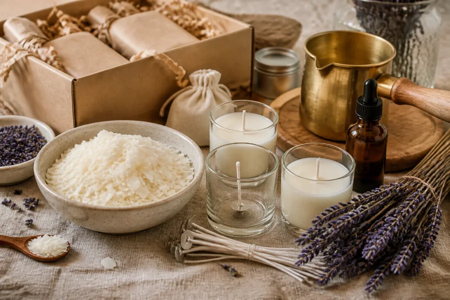 Candle making craft kit with soy wax, jars, wicks and lavender