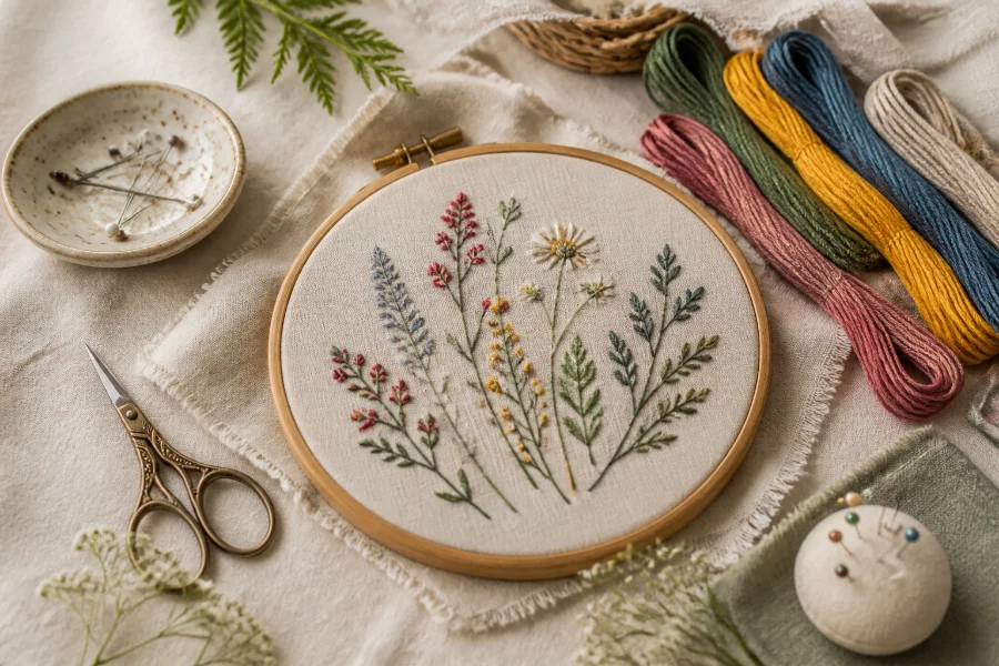 Botanical embroidery materials for a beginner CraftWise Studio course