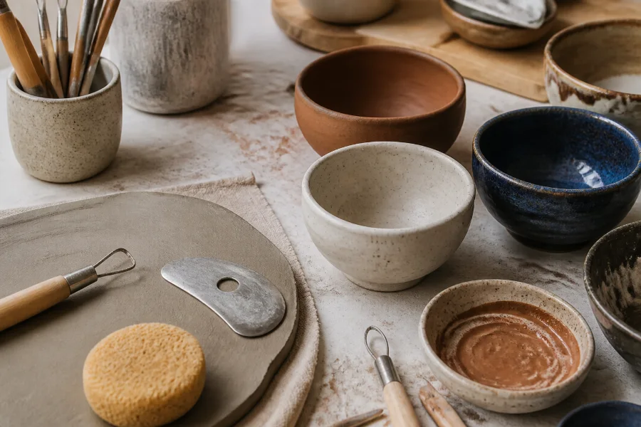 Pottery course tools with ceramic bowls, clay and glaze samples